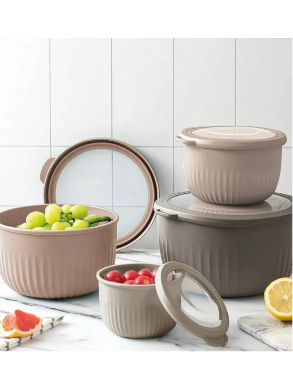8-Piece Round Nesting Bowl Set with Lids Beige and Brown